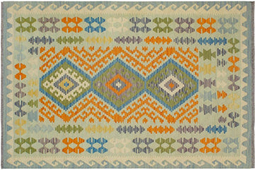 Flat Weave Kilim, Antique, Navaho, Vintage, Handmade, Geometric Kilim Blue Orange Hand-Woven Rectangle 100% Wool Area Rug 5 x 6